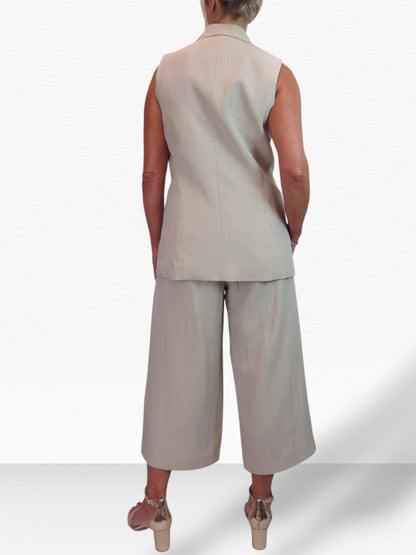 Smart Linen Look 2 Piece Waistcoat and Cropped Trouser Suit Beige