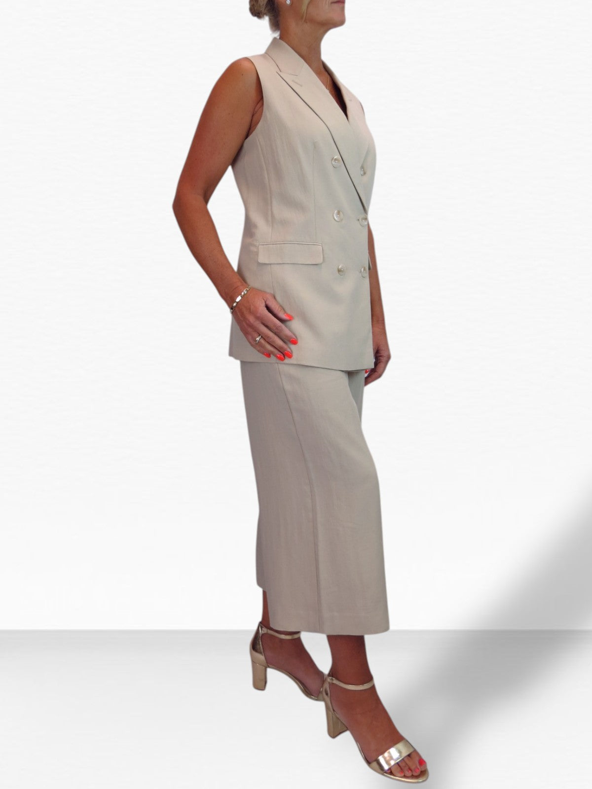 Smart Linen Look 2 Piece Waistcoat and Cropped Trouser Suit Beige