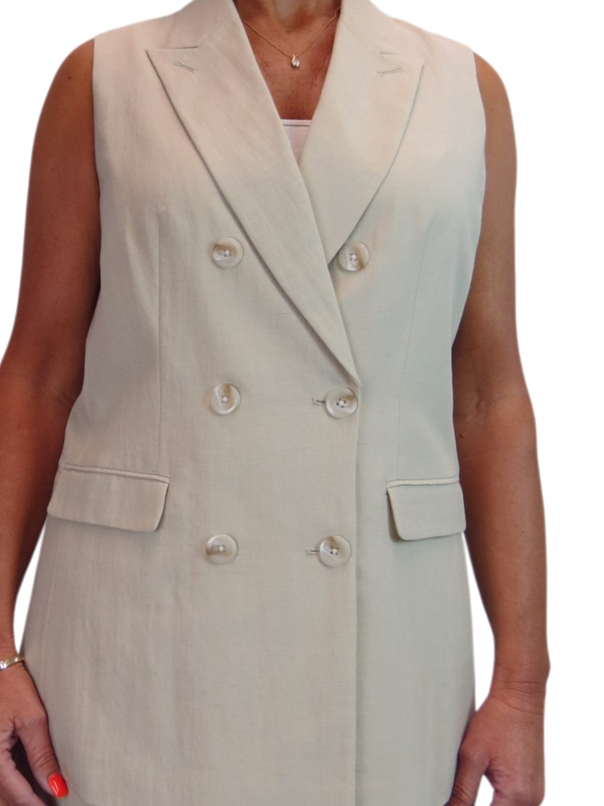 Smart Linen Look 2 Piece Waistcoat and Cropped Trouser Suit Beige