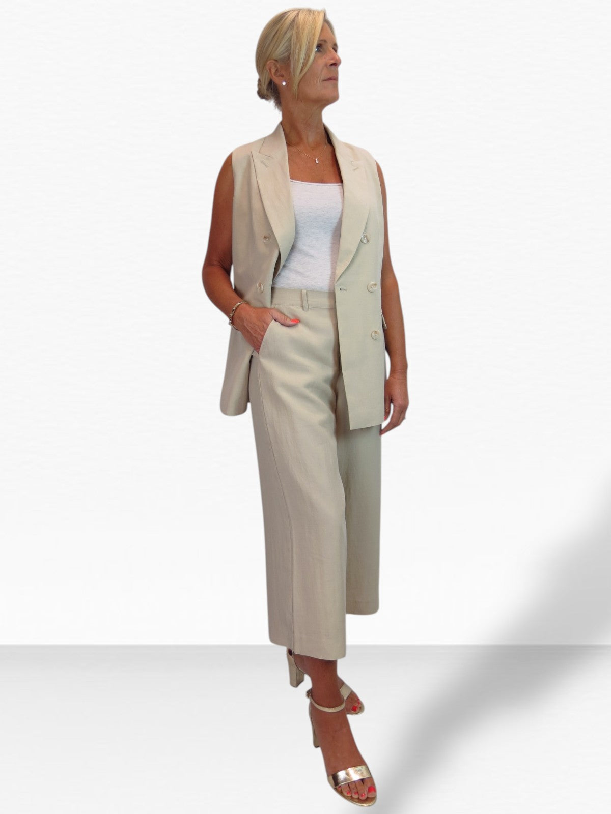 Smart Linen Look 2 Piece Waistcoat and Cropped Trouser Suit Beige