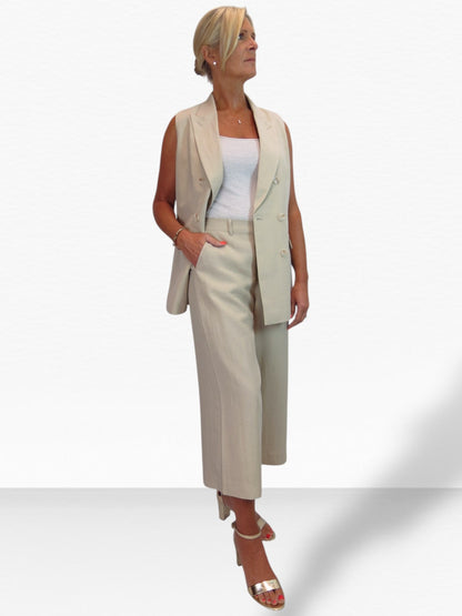 Smart Linen Look 2 Piece Waistcoat and Cropped Trouser Suit Beige