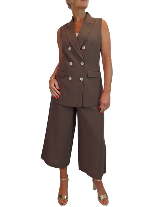 Smart Linen Look 2 Piece Waistcoat and Cropped Trouser Suit Brown
