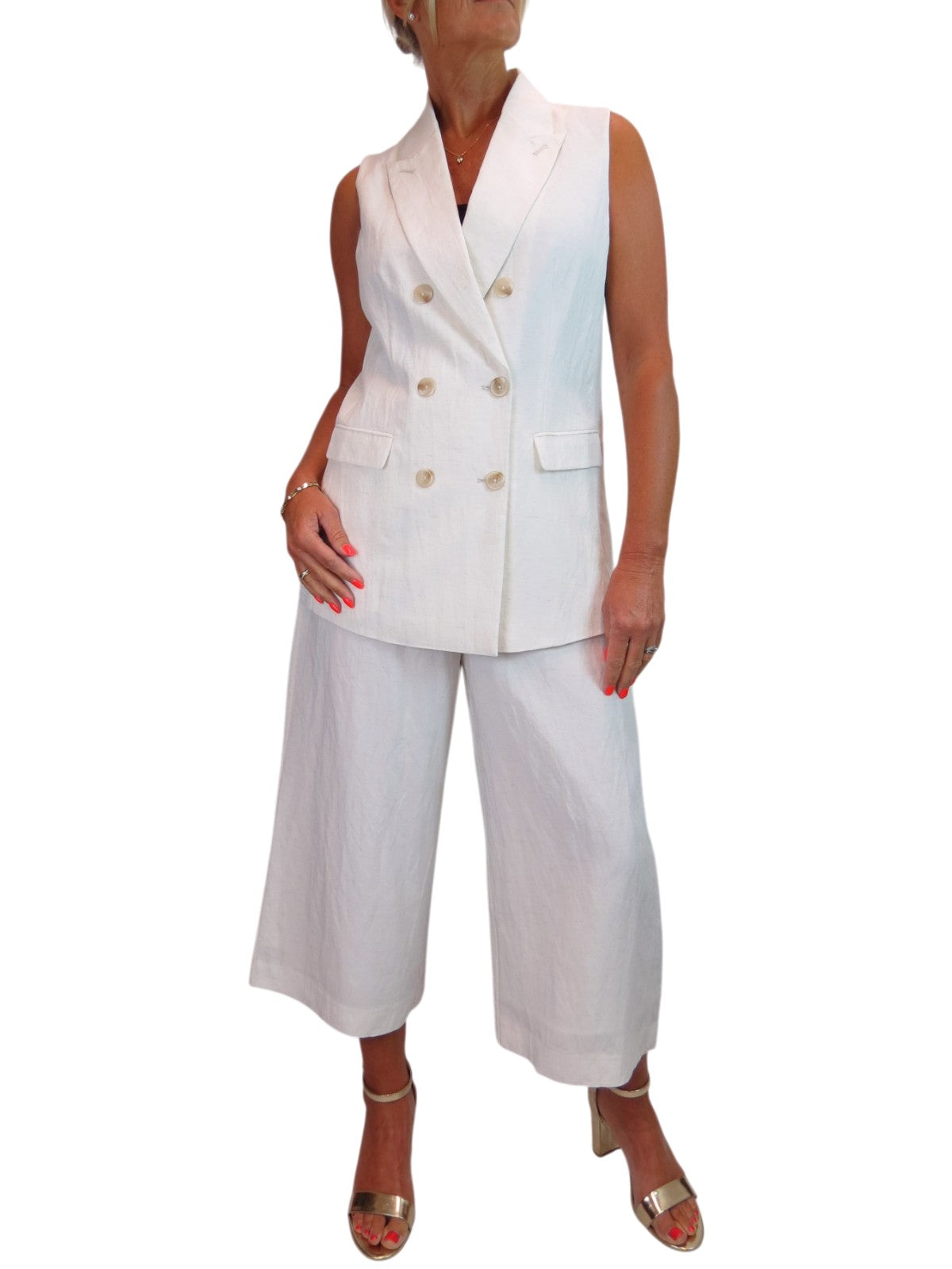 Smart Linen Look 2 Piece Waistcoat and Cropped Trouser Suit Cream