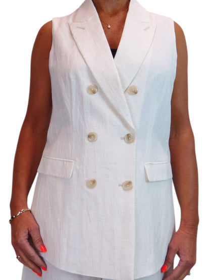 Smart Linen Look 2 Piece Waistcoat and Cropped Trouser Suit Cream