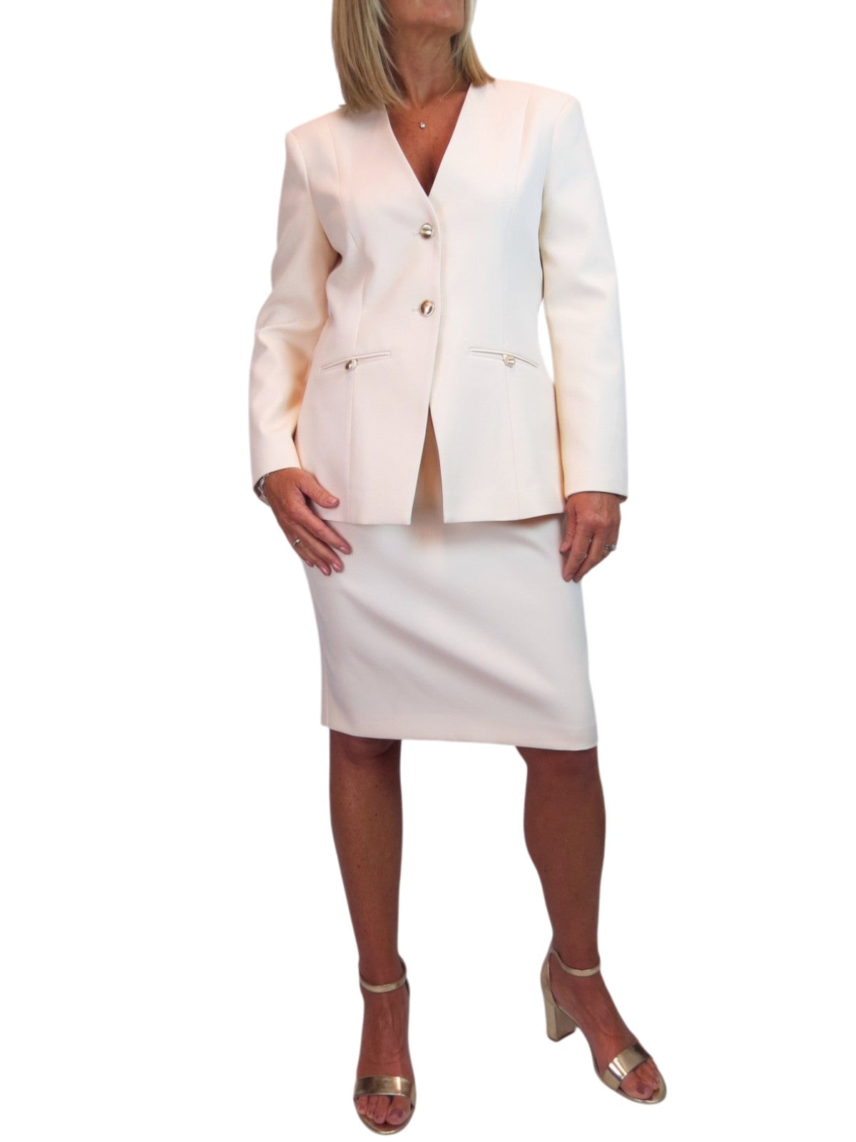 Smart V Neck Jacket and Below Knee Skirt Suit Peach