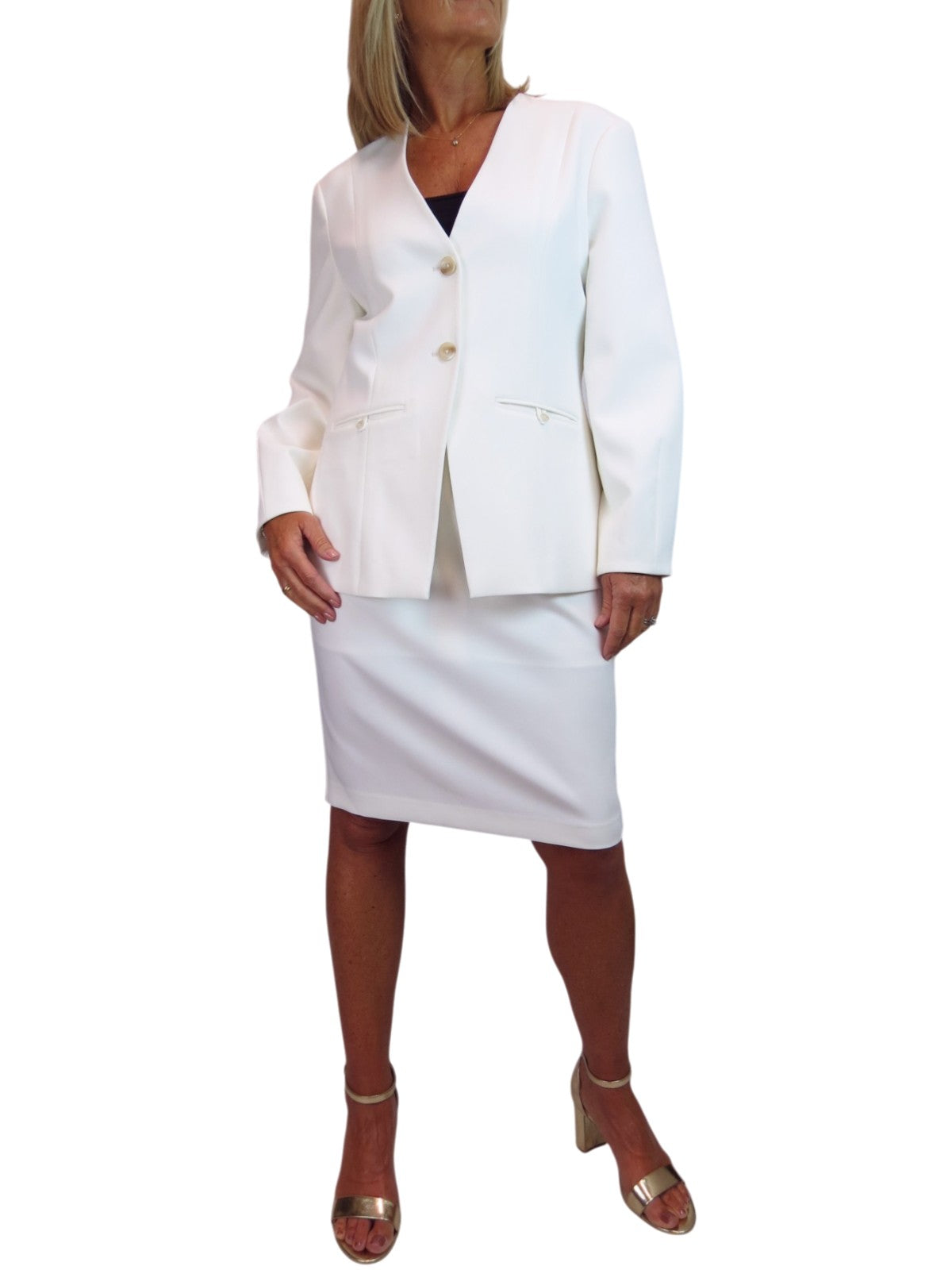 Smart Puff Sleeve Jacket and Below Knee Skirt Suit Cream