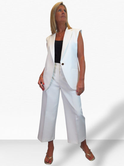 Wide Leg Cropped Tailored Trousers Smart Cream
