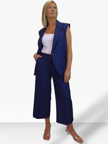 Wide Leg Cropped Tailored Trousers Navy Smart Blue