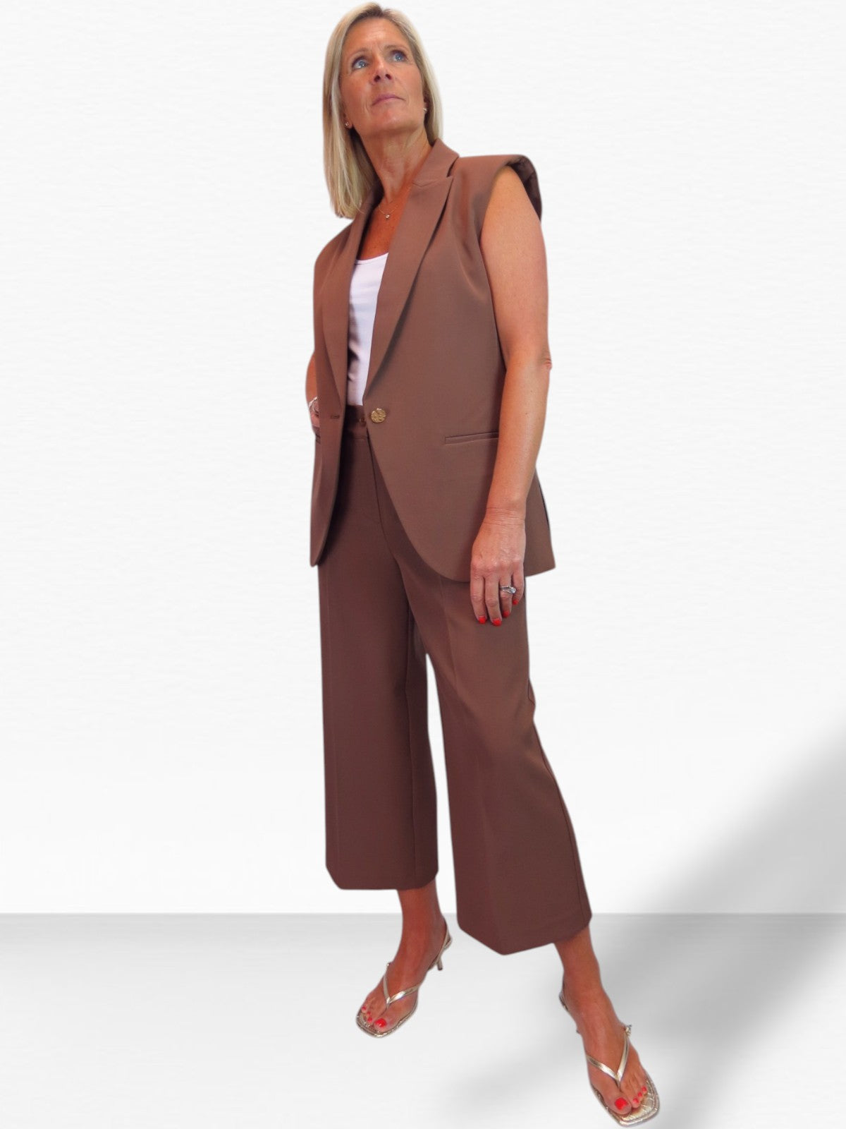Wide Leg Cropped Tailored Trousers Caramel Smart Brown