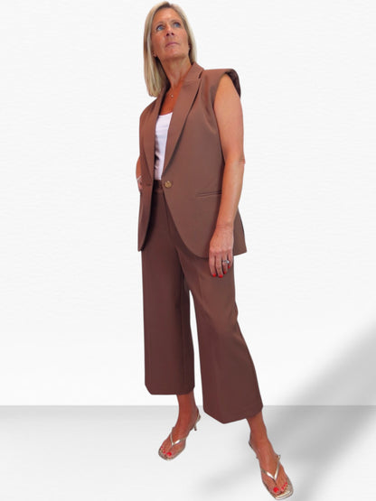 Wide Leg Cropped Tailored Trousers Caramel Smart Brown