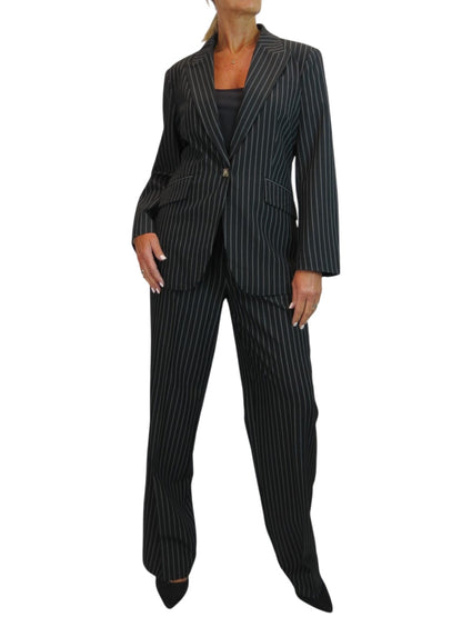 Women's 2 Piece Pinstripe Tailored Trouser Suit Black