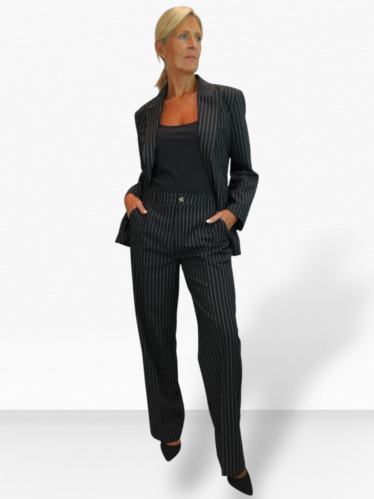 Women's 2 Piece Pinstripe Tailored Trouser Suit Black