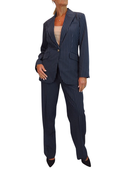 Women's 2 Piece Pinstripe Tailored Trouser Suit Navy Blue