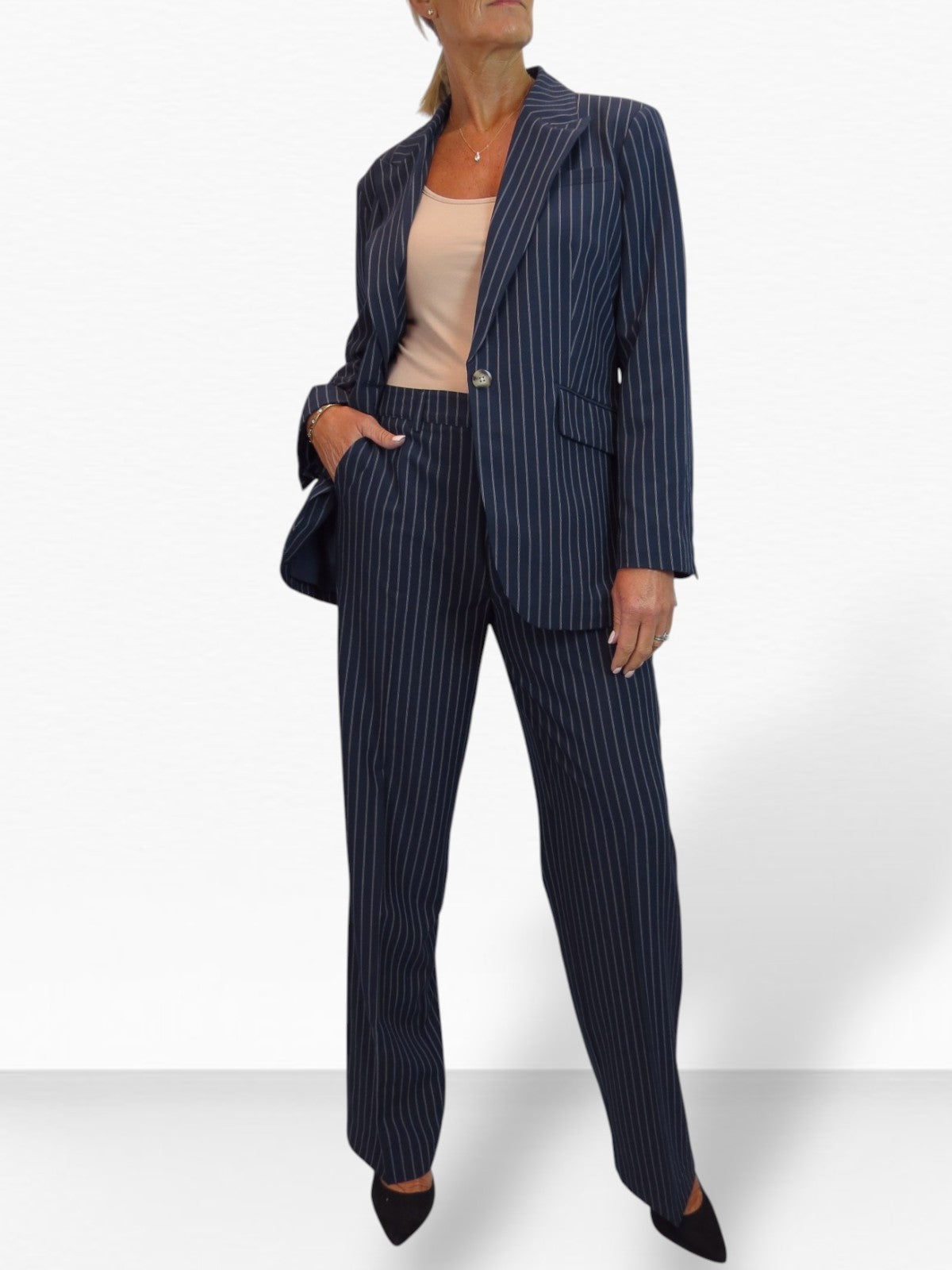 Women's 2 Piece Pinstripe Tailored Trouser Suit Navy Blue