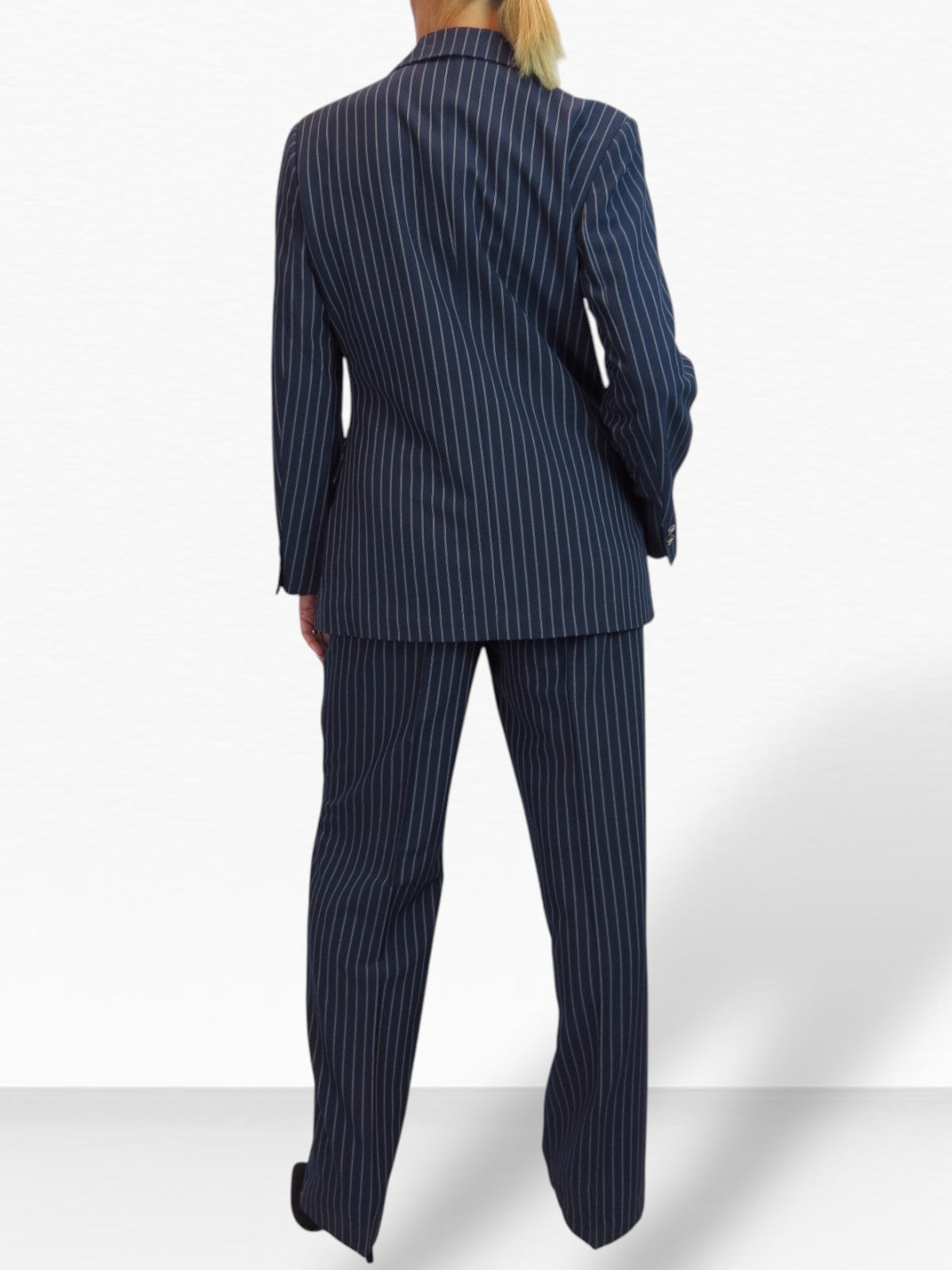 Women's 2 Piece Pinstripe Tailored Trouser Suit Navy Blue