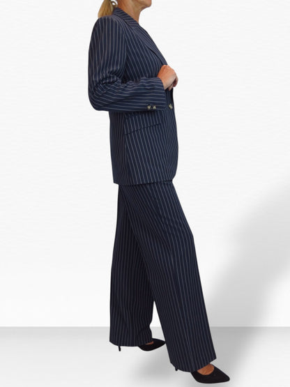 Women's 2 Piece Pinstripe Tailored Trouser Suit Navy Blue