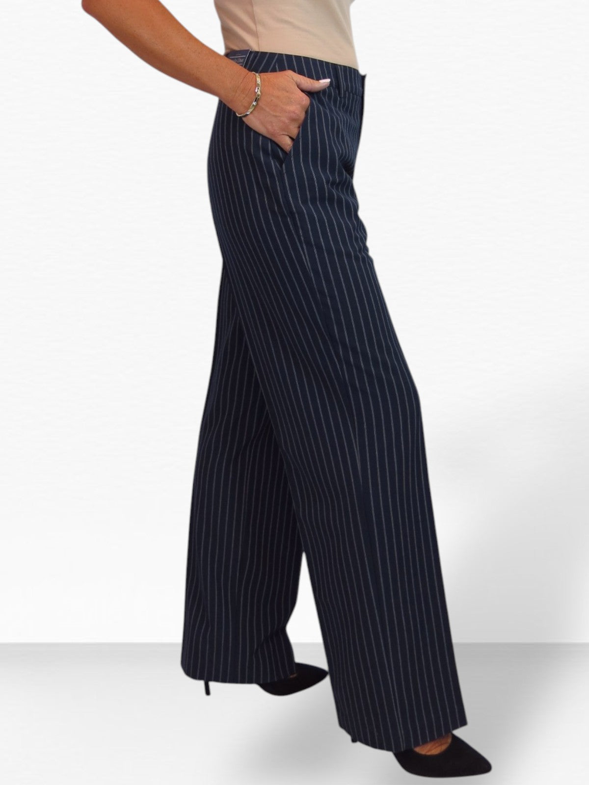 Women's 2 Piece Pinstripe Tailored Trouser Suit Navy Blue