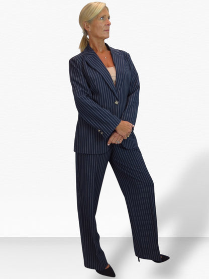 Women's 2 Piece Pinstripe Tailored Trouser Suit Navy Blue