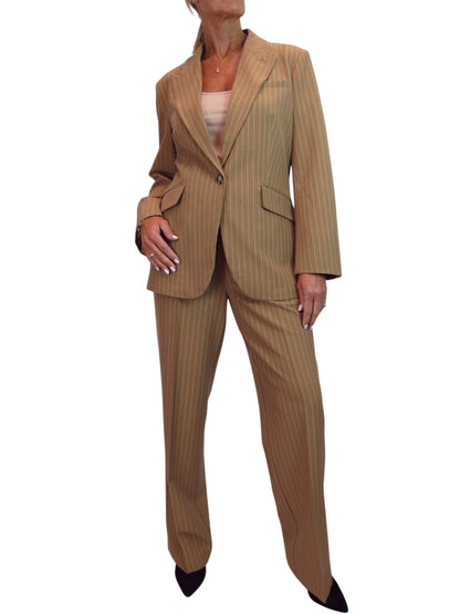 Women's 2 Piece Pinstripe Tailored Trouser Suit Tan