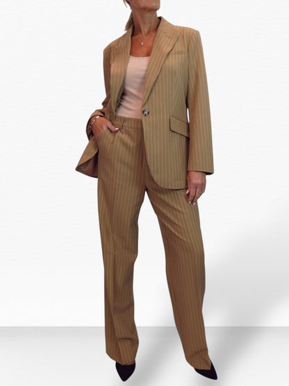 Women's 2 Piece Pinstripe Tailored Trouser Suit Tan