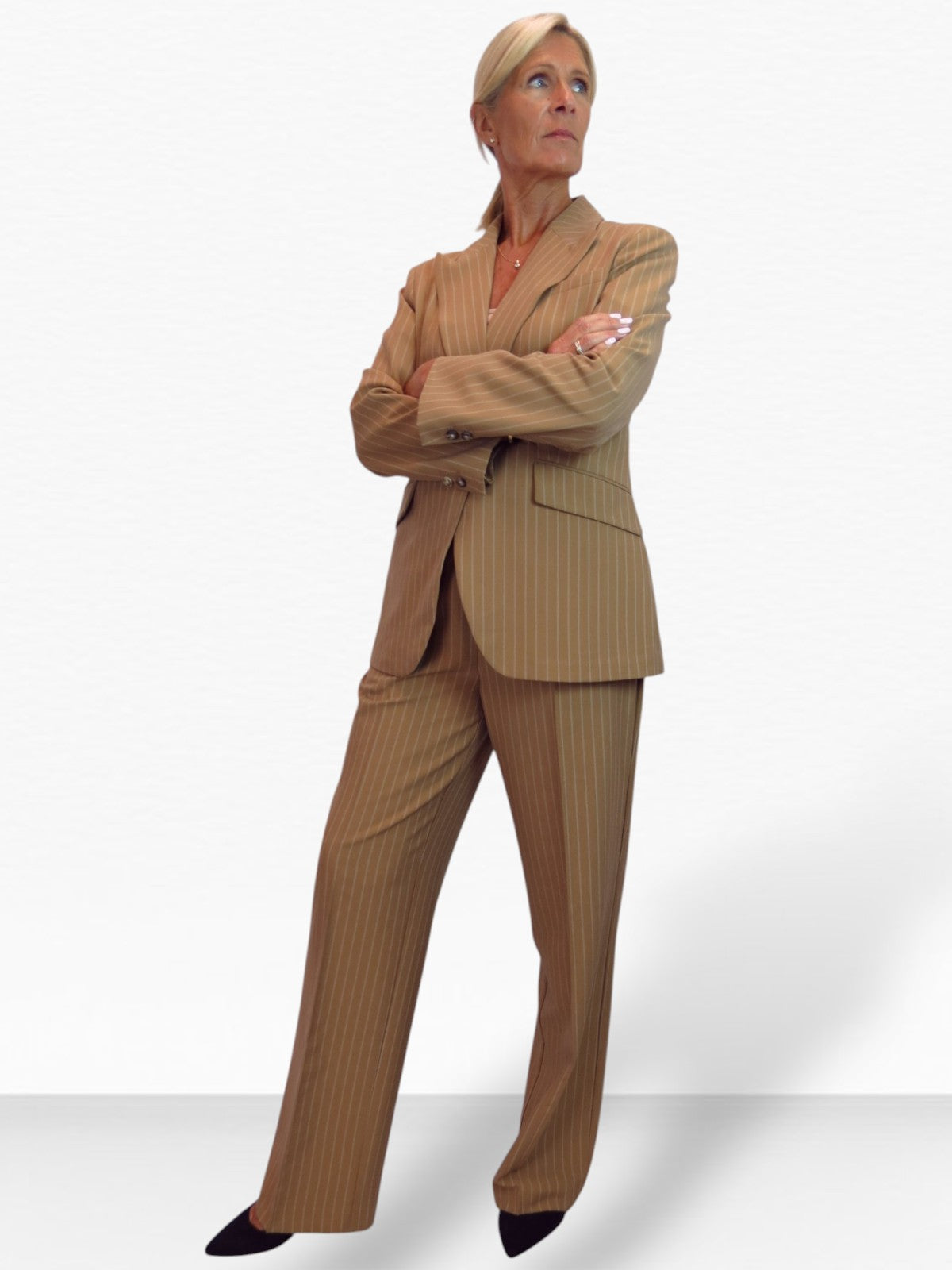 Women's 2 Piece Pinstripe Tailored Trouser Suit Tan
