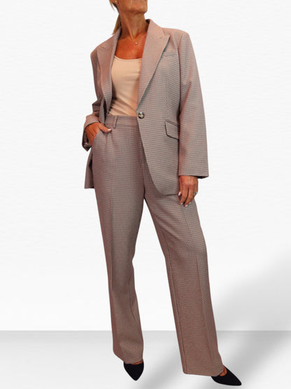 Women's 2 Piece Houndstooth Tailored Trouser Suit Beige