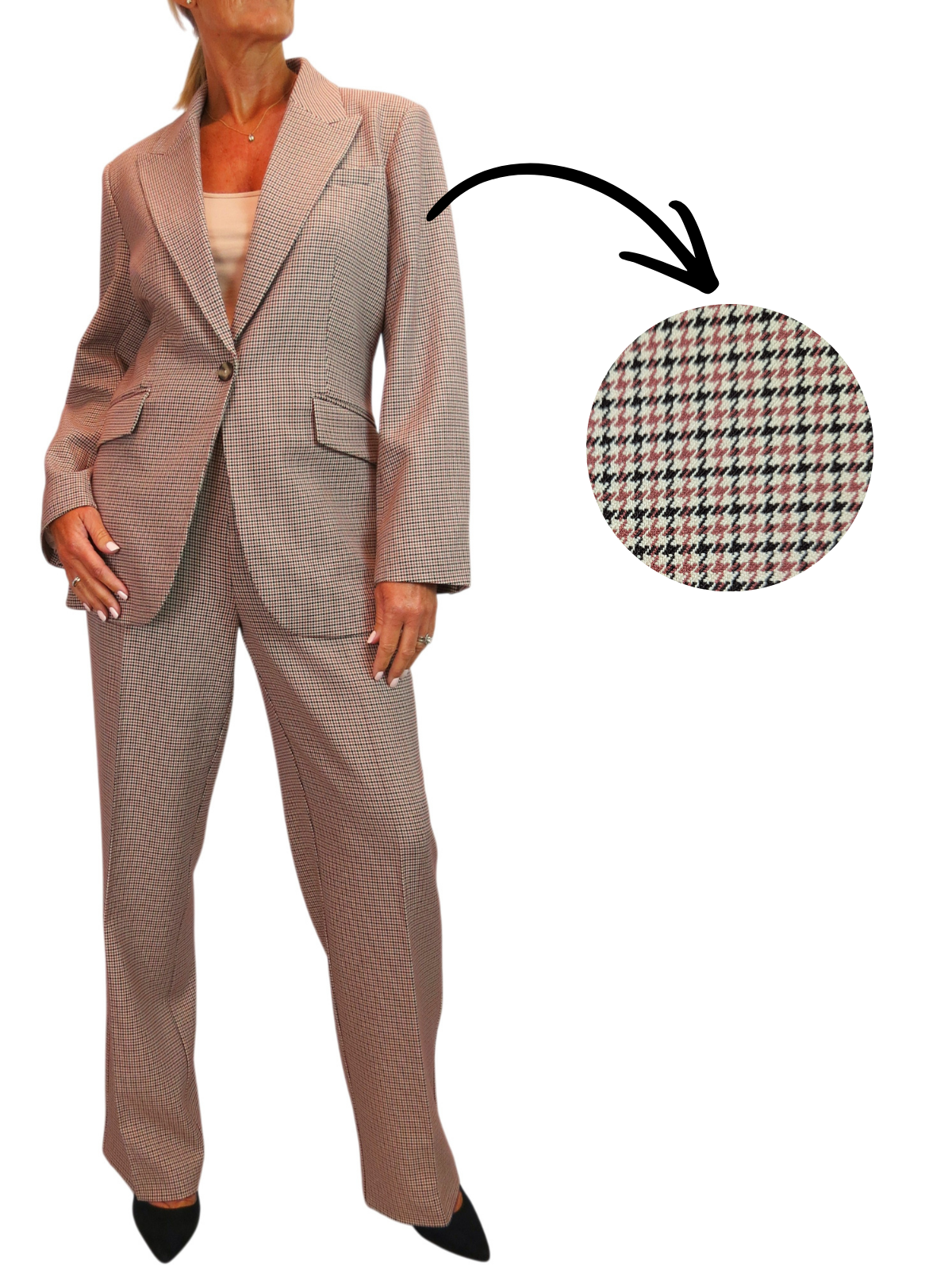 Women's 2 Piece Houndstooth Tailored Trouser Suit Beige