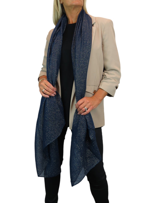 Golden Shimmer Evening Shawl With Pleated Crinkle Scarf Navy Blue