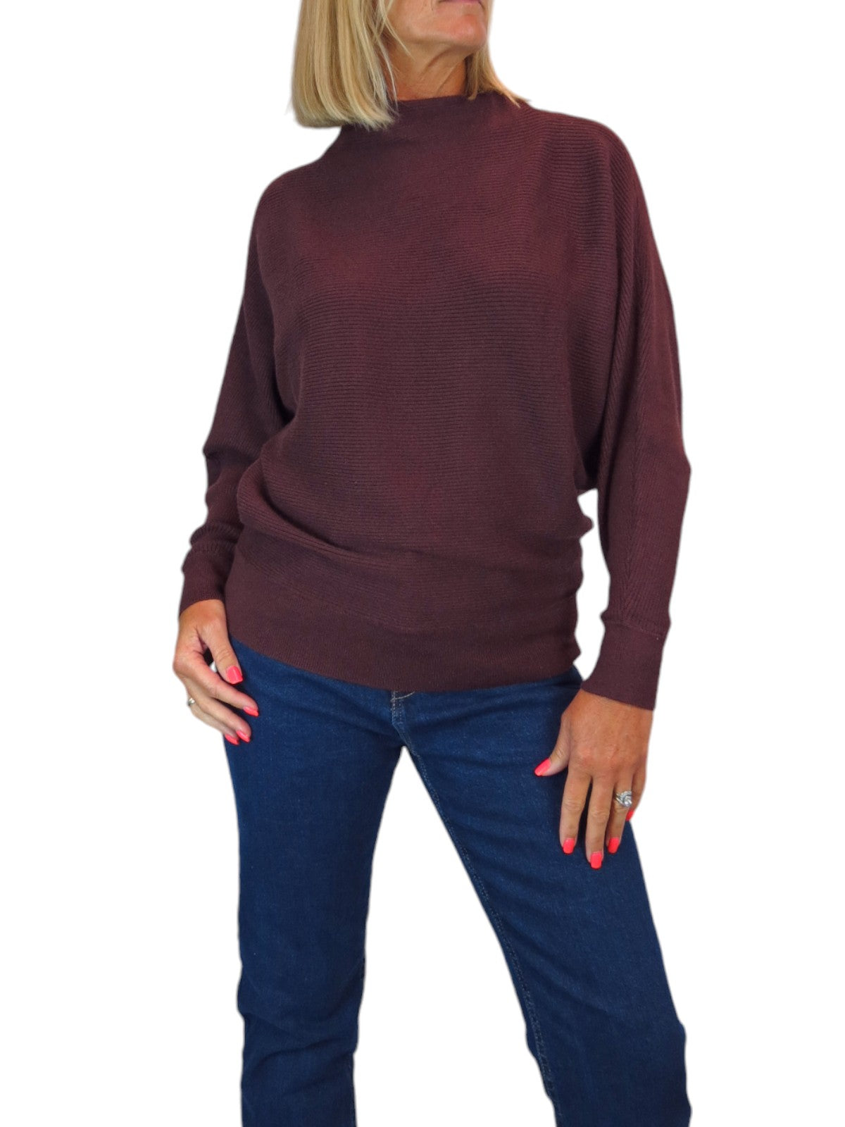 Ribbed Turtle Neck Batwing Jumper Burgundy