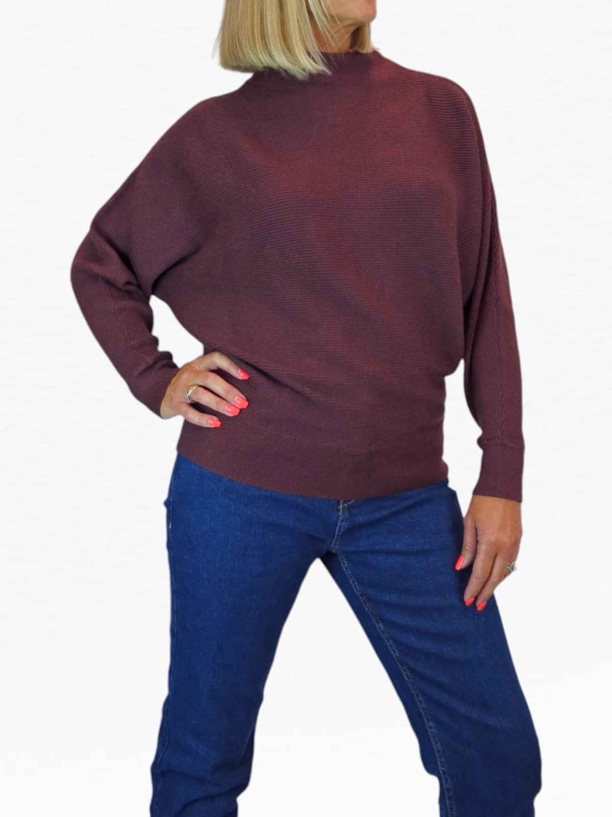 Ribbed Turtle Neck Batwing Jumper Burgundy