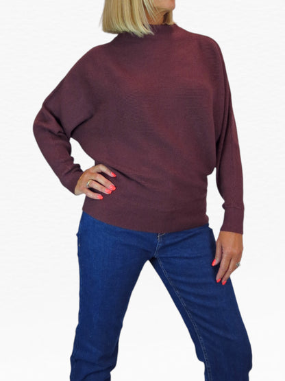 Ribbed Turtle Neck Batwing Jumper Burgundy