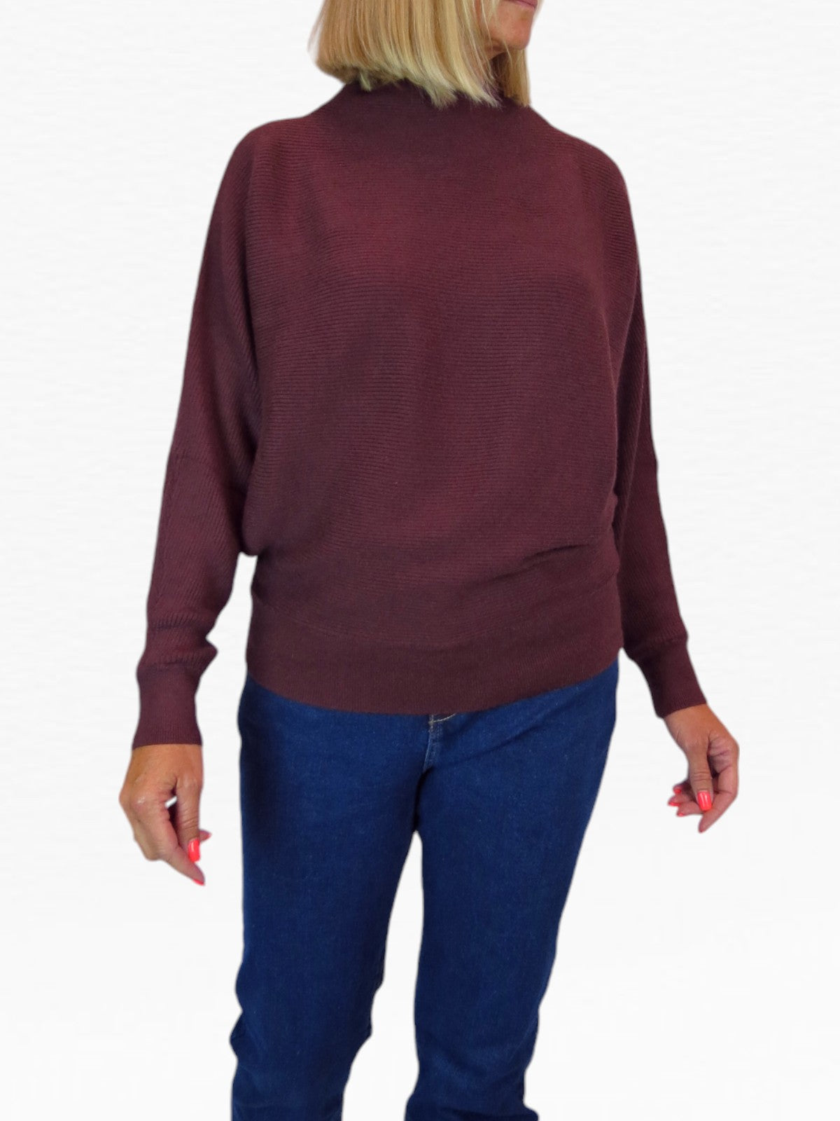 Ribbed Turtle Neck Batwing Jumper Burgundy