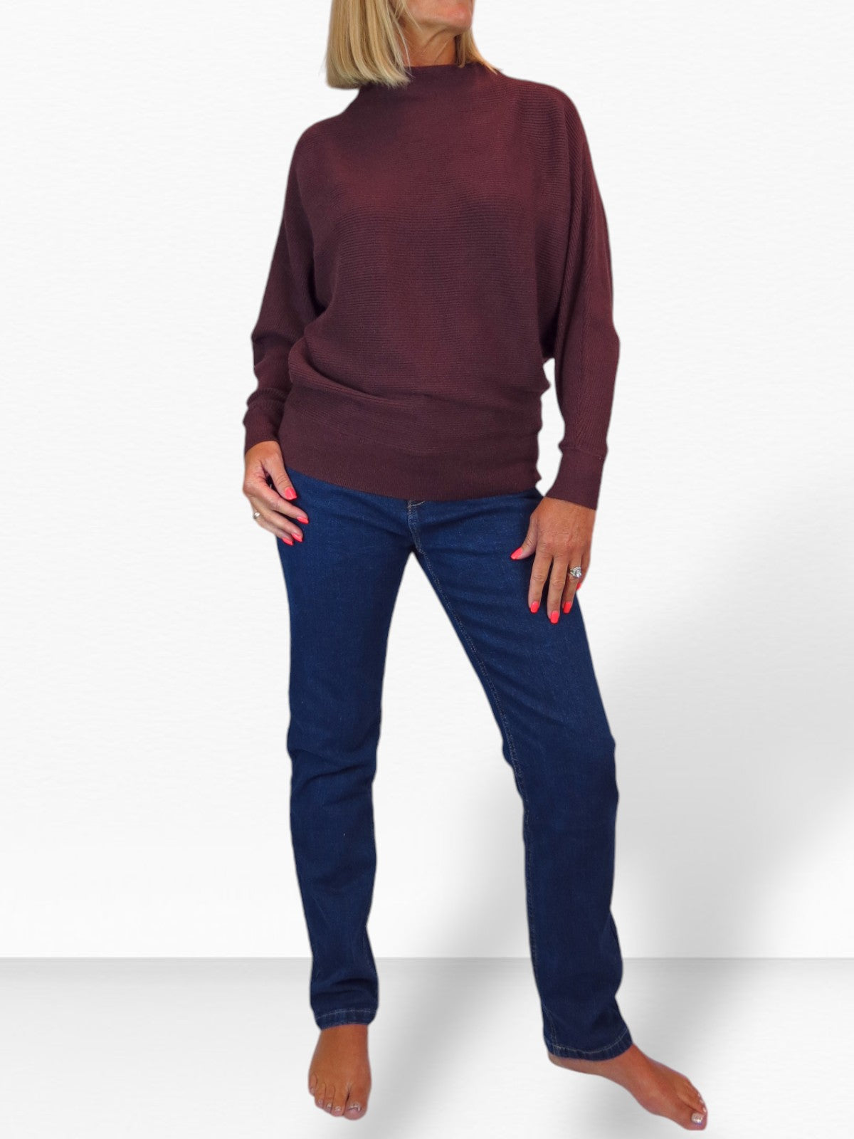 Ribbed Turtle Neck Batwing Jumper Burgundy