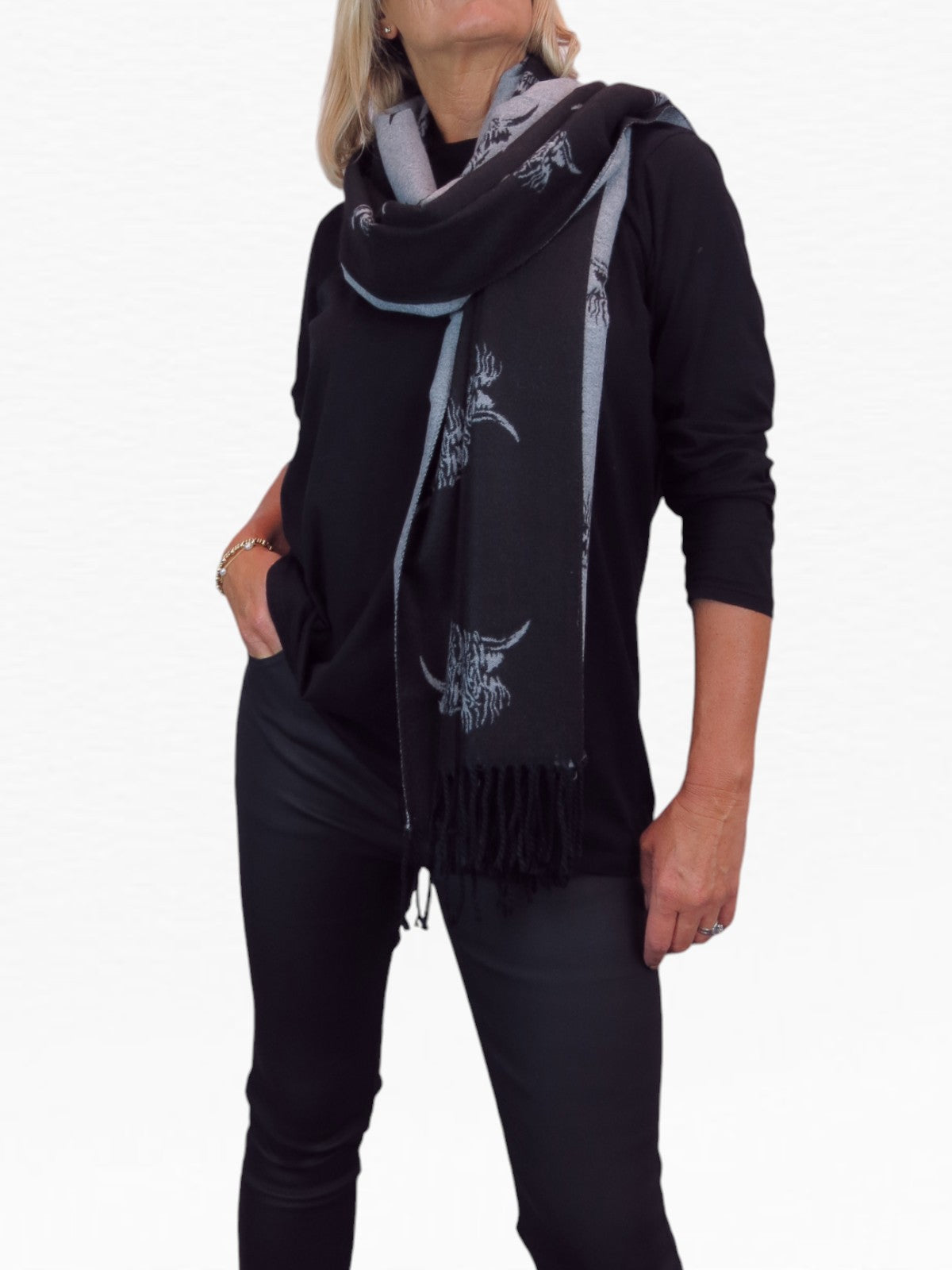 Highland Cow Cashmere Scarf Reversible Pashmina Shawl Black