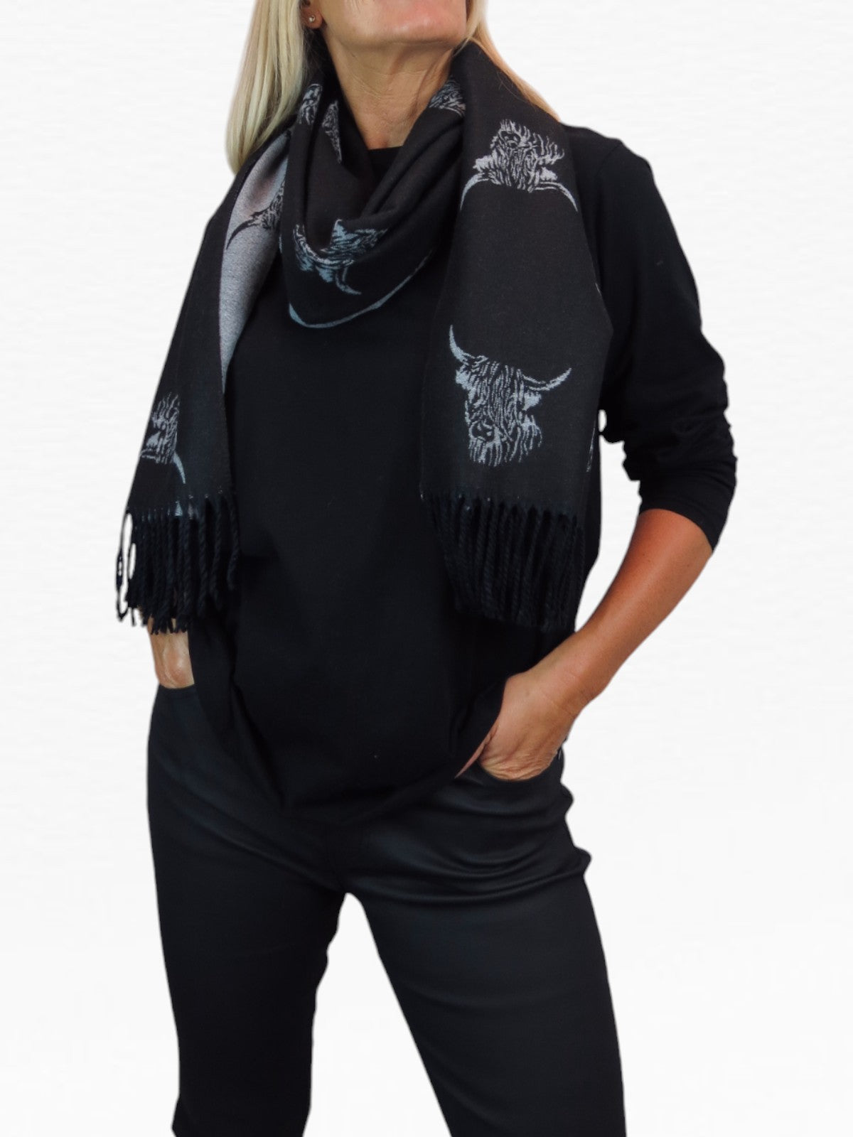 Highland Cow Cashmere Scarf Reversible Pashmina Shawl Black