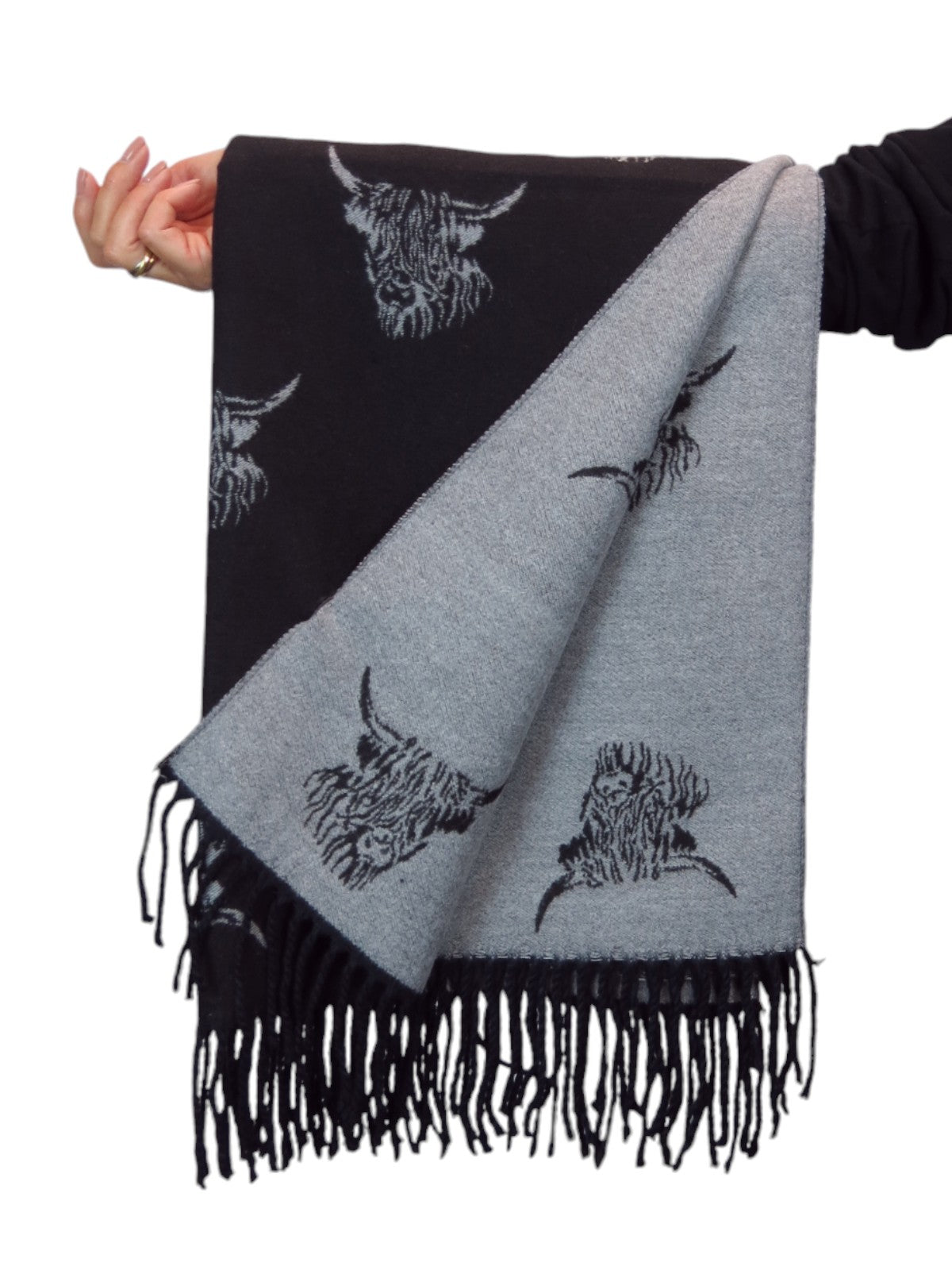 Highland Cow Cashmere Scarf Reversible Pashmina Shawl Black