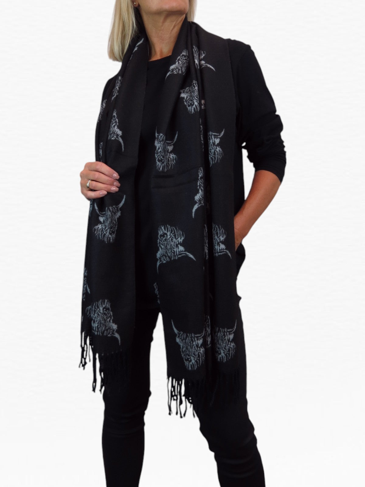 Highland Cow Cashmere Scarf Reversible Pashmina Shawl Black