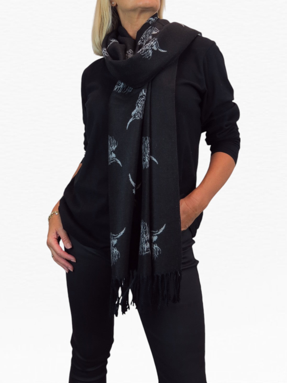 Highland Cow Cashmere Scarf Reversible Pashmina Shawl Black