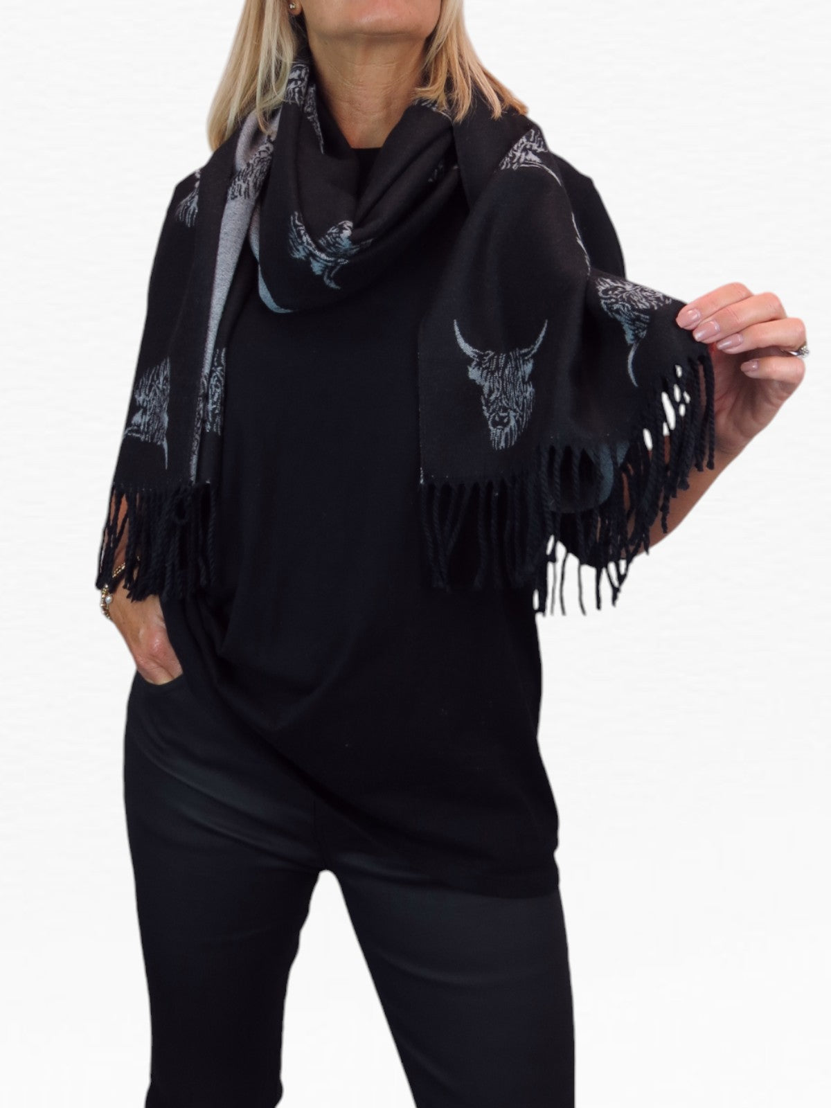 Highland Cow Cashmere Scarf Reversible Pashmina Shawl Black