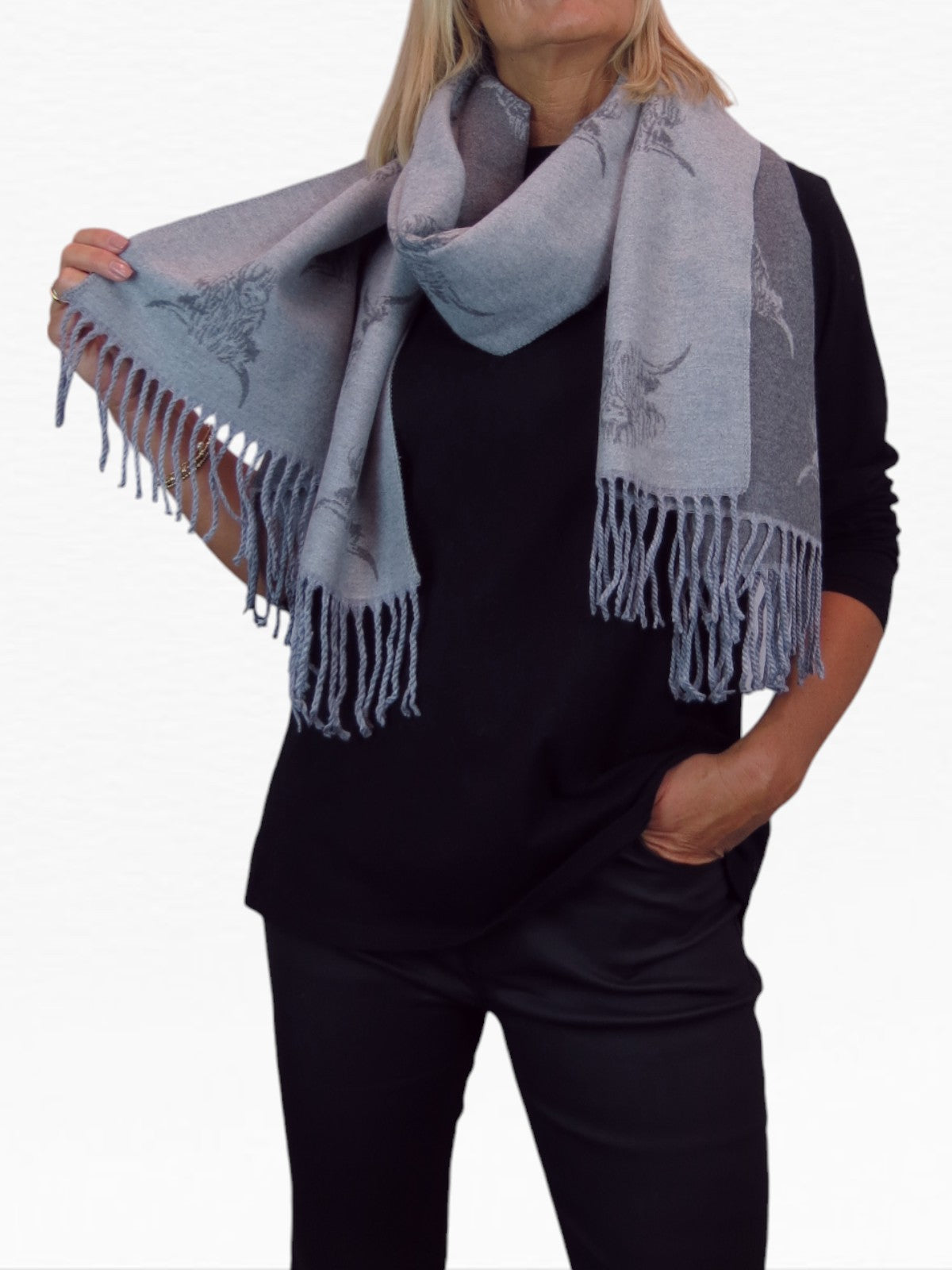 Highland Cow Cashmere Scarf Reversible Pashmina Shawl Grey