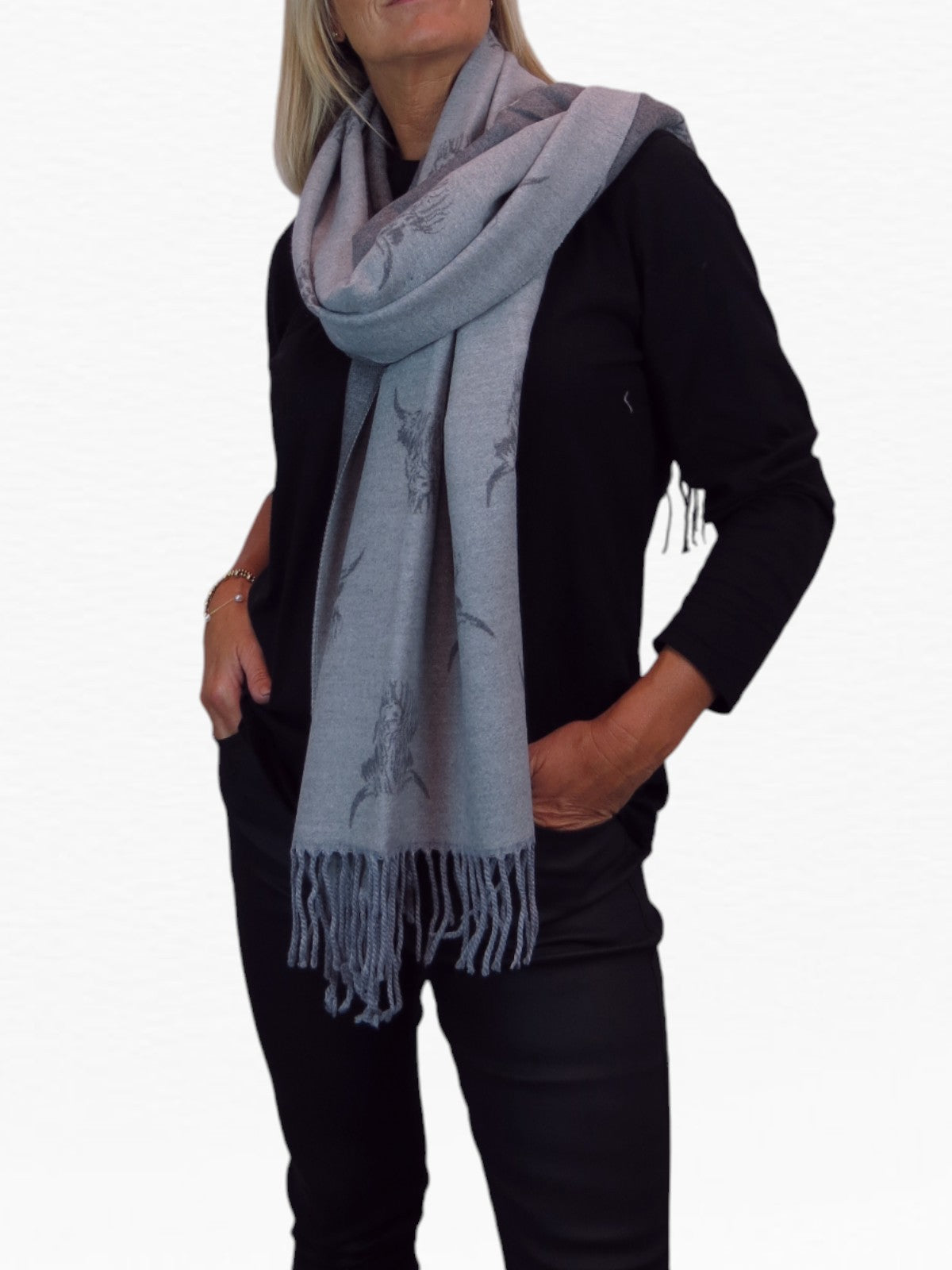 Highland Cow Cashmere Scarf Reversible Pashmina Shawl Grey