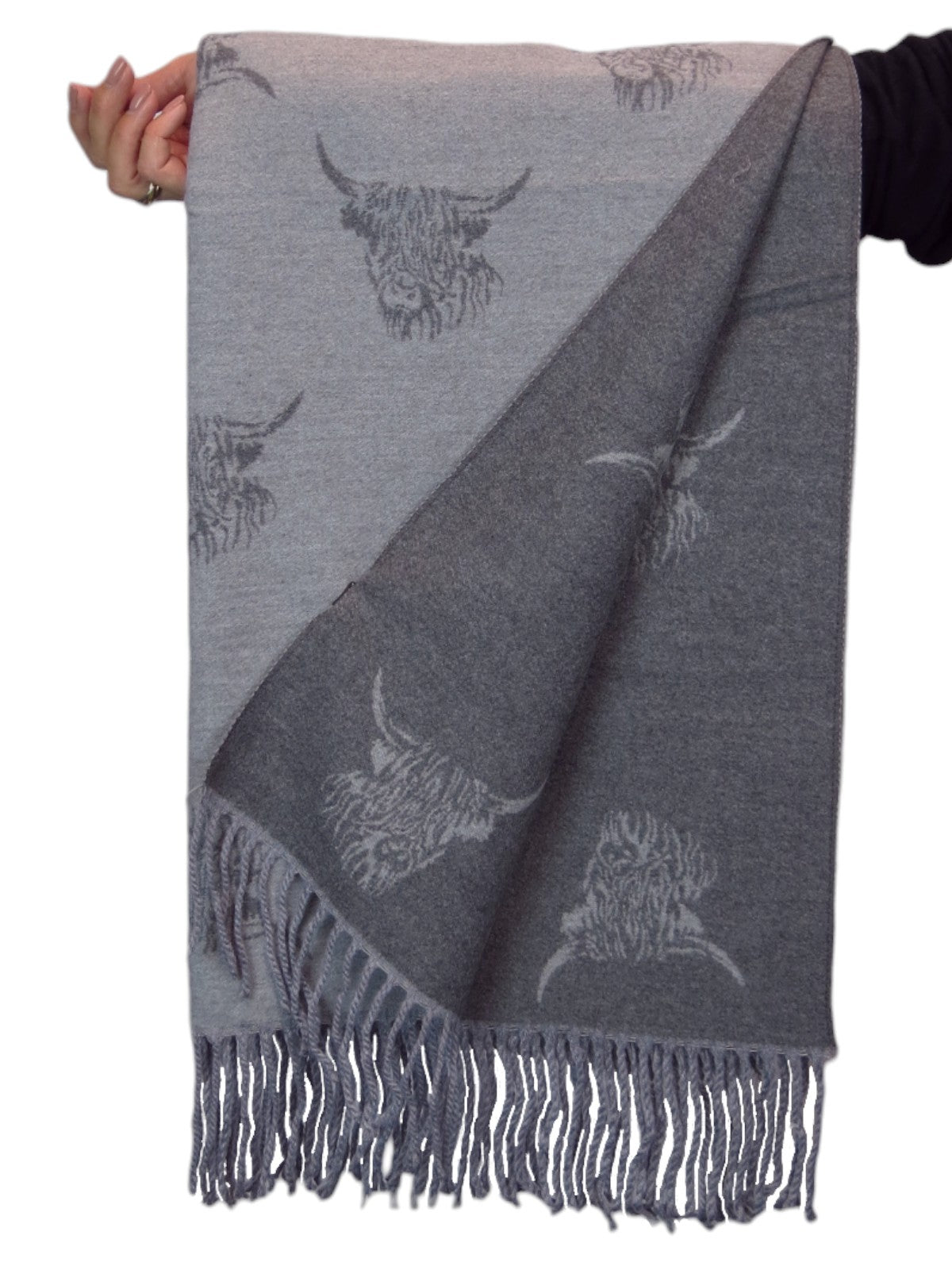 Highland Cow Cashmere Scarf Reversible Pashmina Shawl Grey