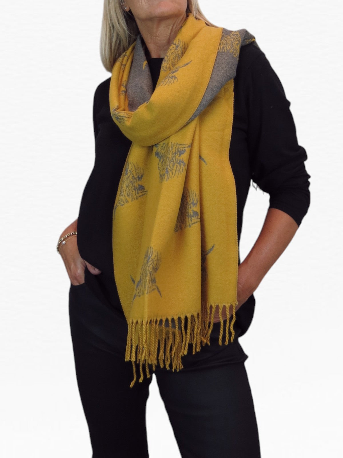 Highland Cow Cashmere Scarf Reversible Pashmina Shawl Mustard Yellow