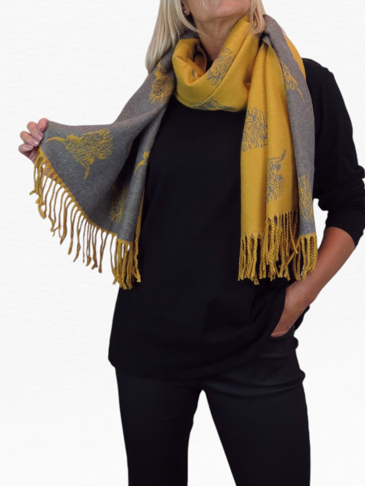 Highland Cow Cashmere Scarf Reversible Pashmina Shawl Mustard Yellow