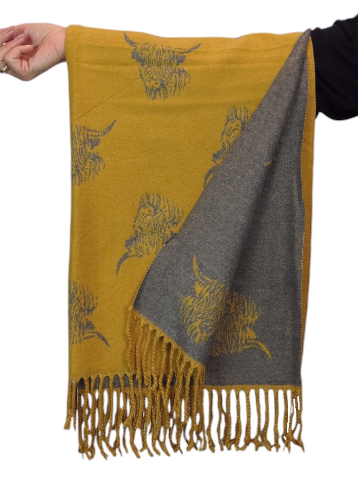 Highland Cow Cashmere Scarf Reversible Pashmina Shawl Mustard Yellow