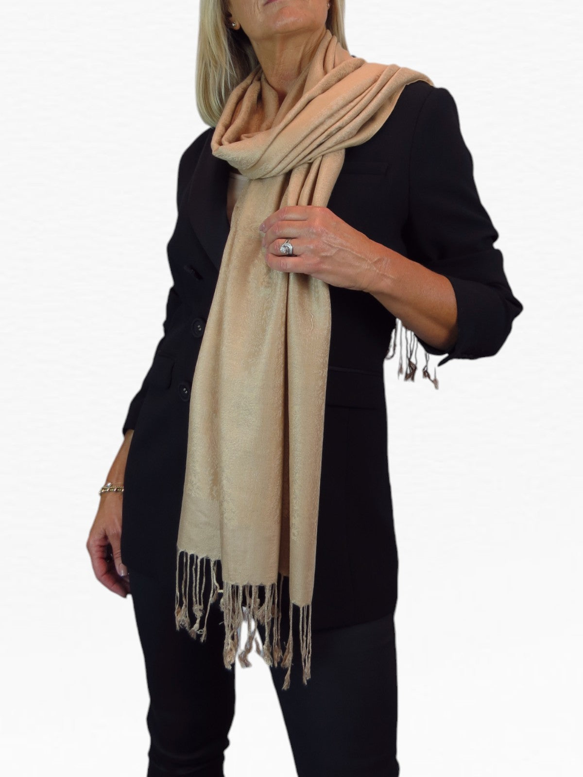 Paisley Jacquard Fine Pashmina Shawl Wrap Beige