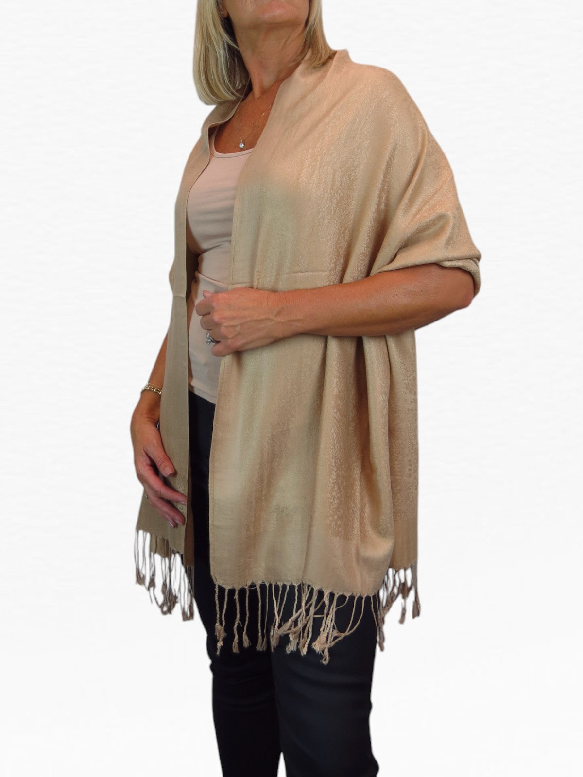 Paisley Jacquard Fine Pashmina Shawl Wrap Beige