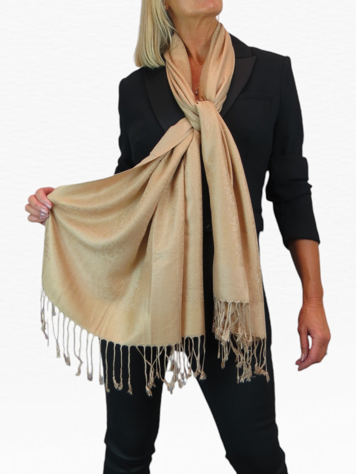 Paisley Jacquard Fine Pashmina Shawl Wrap Beige