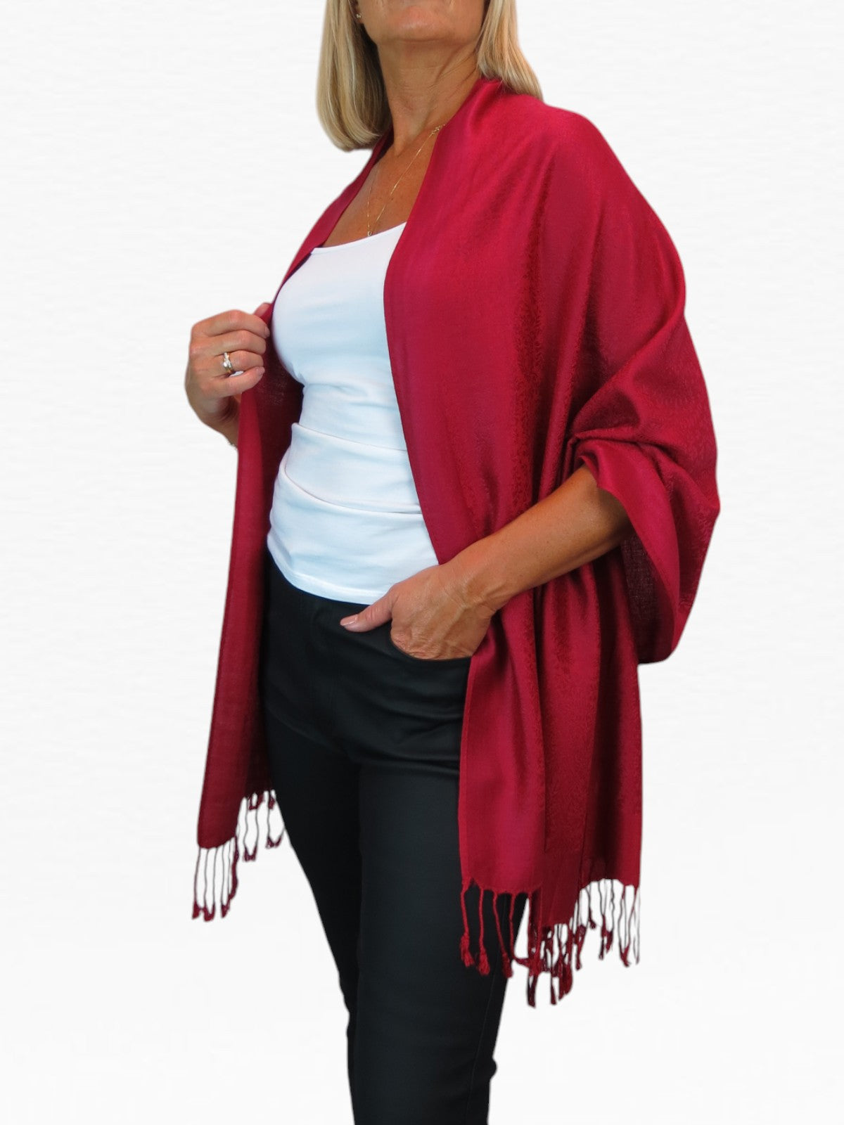Paisley Jacquard Fine Pashmina Shawl Wrap Deep Red