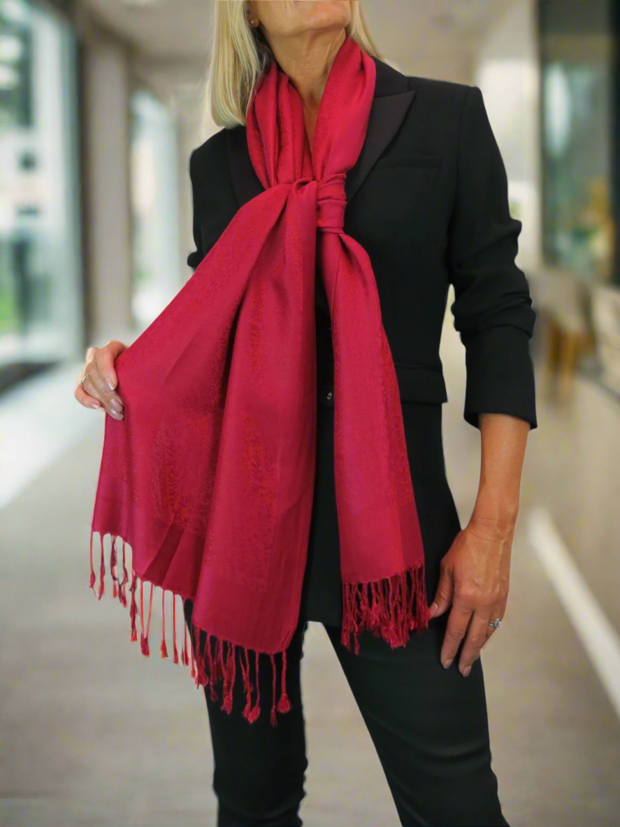 Paisley Jacquard Fine Pashmina Shawl Wrap Deep Red